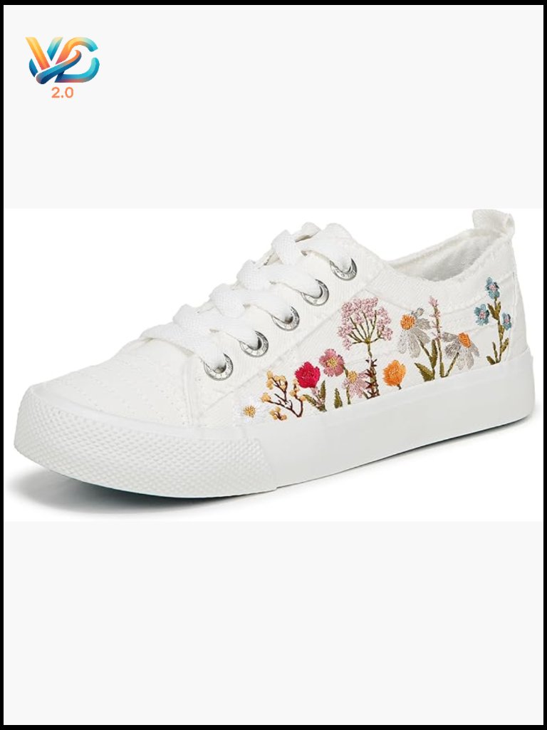 Embroidered Floral Lace-Up Canvas Sneakers Casual Walking Oxfords